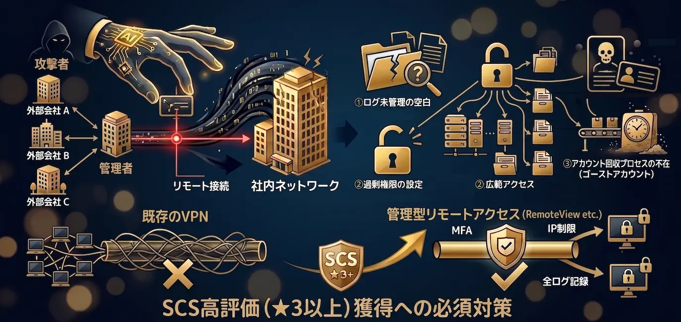 AI時代におけるサプライチェーン攻撃と現場に潜む3つのセキュリティ空白（ログ未管理、過剰権限、アカウント回収プロセスの不在）の図解。VPNと管理型リモートアクセスの比較。