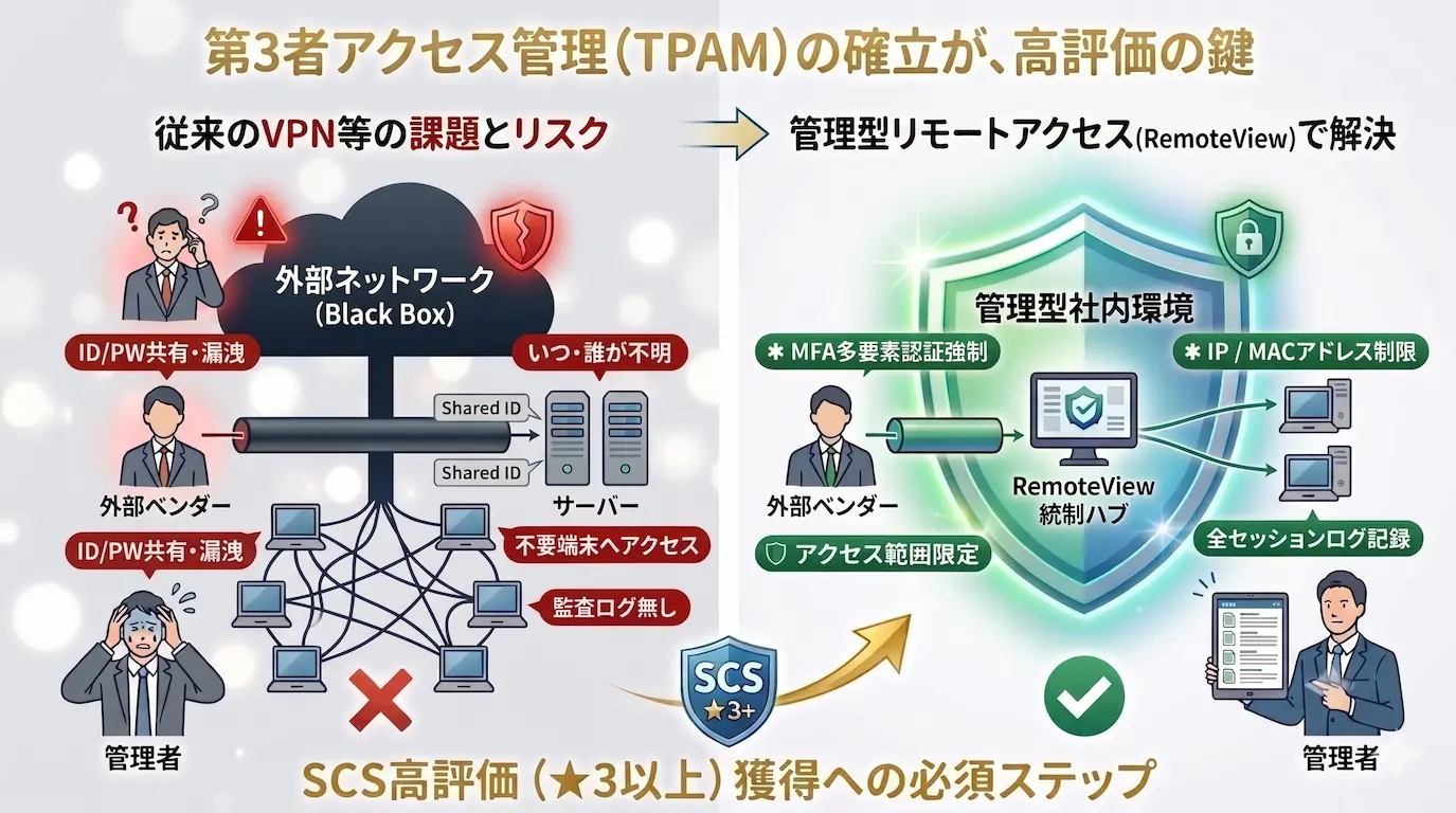 従来のVPN等に潜む課題とリスク、および管理型リモートアクセス（RemoteView）を導入することによる第3者アクセス管理の確立とSCS★3以上獲得の全体像を示す比較図解。