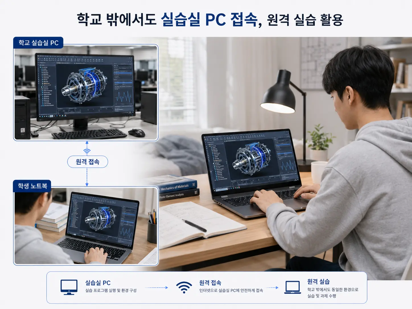 한성대학교 학생이 학교 밖에서 실습실 PC의 전공 프로그램에 원격 접속하는 모습