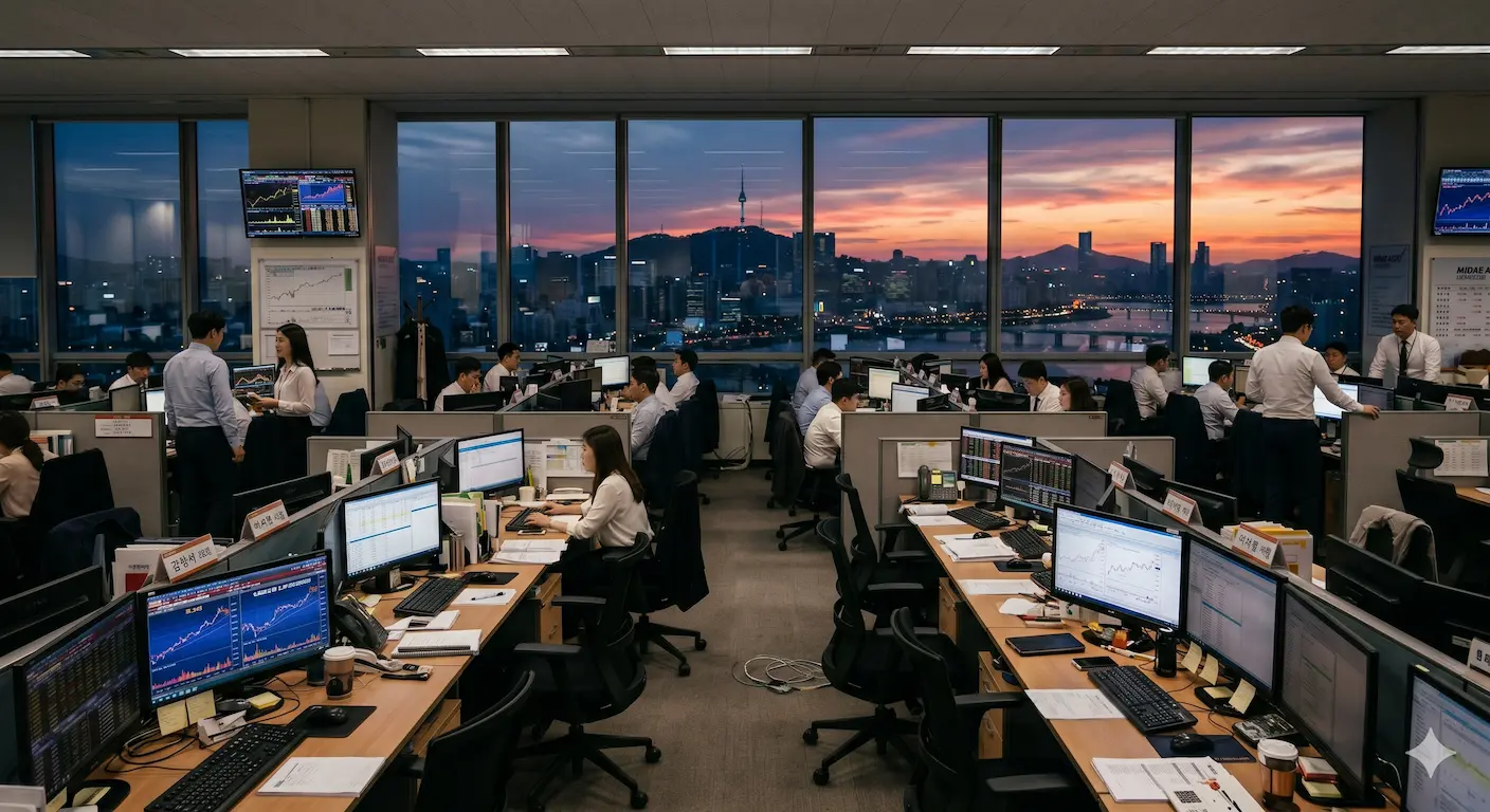 서울 야경을 배경으로 야간 근무 중인 증권사 직원 — 글로벌 주식 모니터링 리모트뷰 원격접속