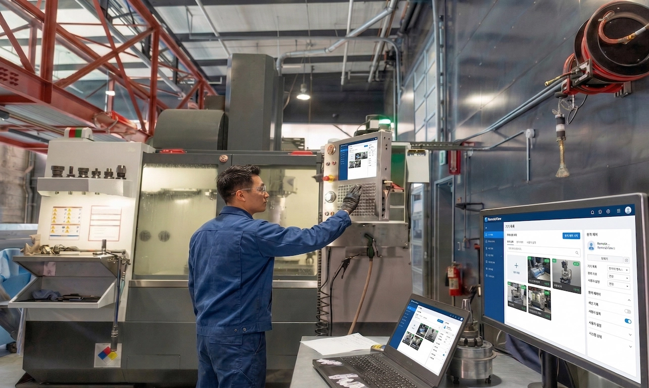스마트 팩토리 제조 공정에서 리모트뷰를 통해 장비를 모니터링하고 제어하는 전문 작업자의 모습